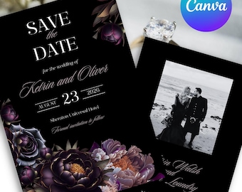 May include: Save the date wedding invitation with black background and purple floral design. The invitation reads "Save the Date for the wedding of Ketrin and Oliver August 23, 2026 Sheraton Universal Hotel Formal invitation to follow".