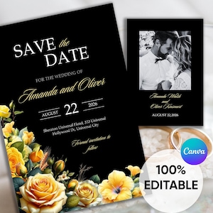 Gelbe Blumen Sparen Sie das Datum mit Foto, Schwarz und Gelb Hochzeitseinladung Vorlage Elegante Moderne Hochzeitskarte, Stimmungsvoll Gelbe Rosen Hochzeit
