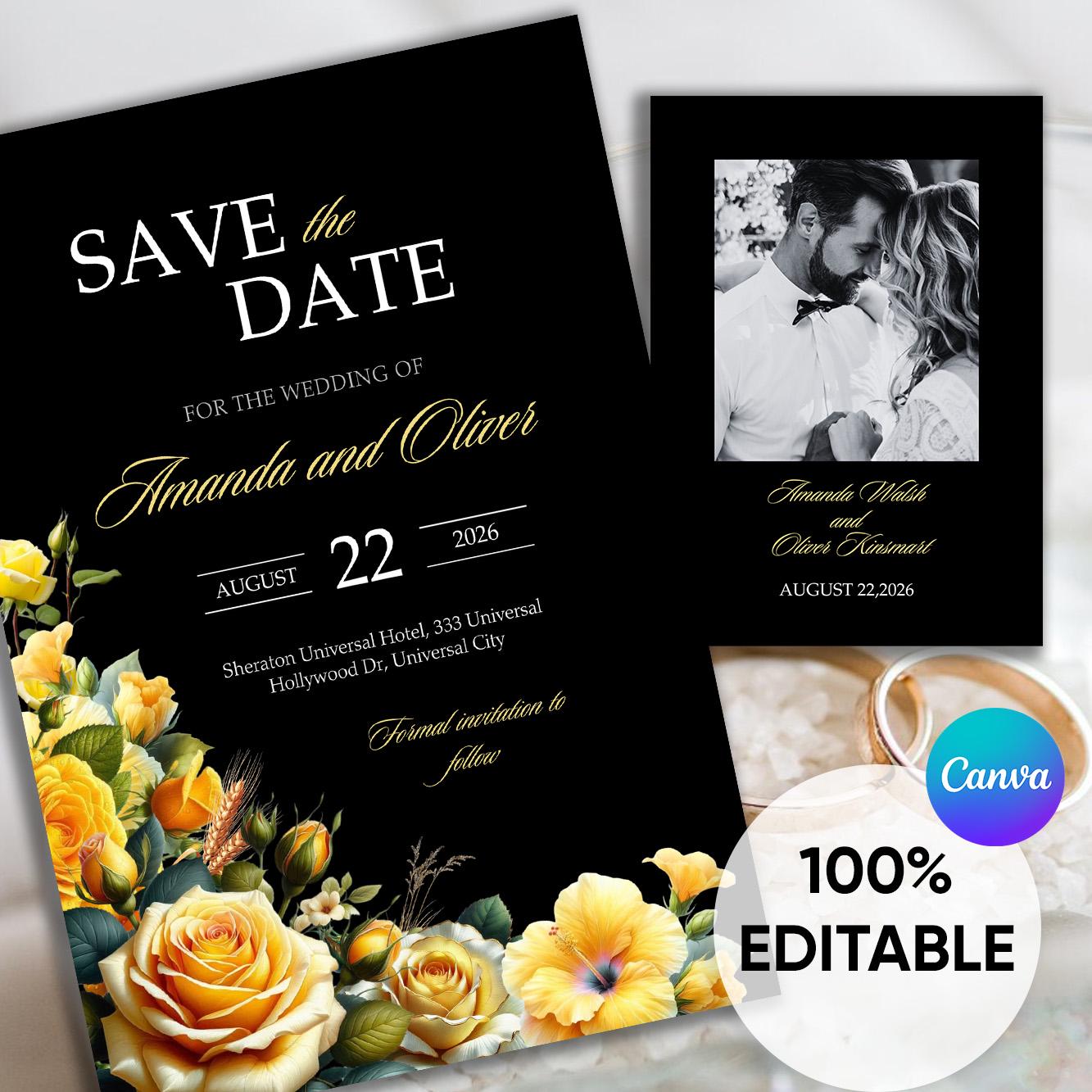Yellow Floral Save the Date With Photo, Black and Yellow Wedding