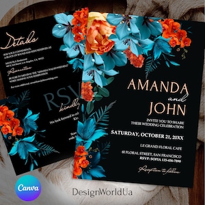 May include: Black wedding invitation with teal and orange floral design. The invitation includes the names "Amanda and John", event details, and an RSVP section. The design features a Canva and DesignWorldUa logo.