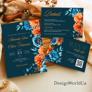 Hochzeitseinladungs-Set für Hochzeit in Petrol und Orange, Herbsthochzeit, Herbsthochzeit, Stimmungsvolle Hochzeitseinladung