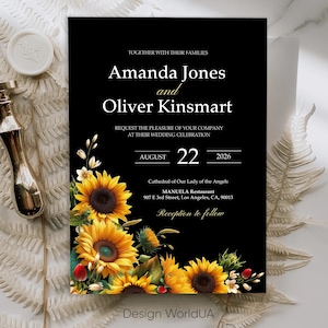 Sonnenblume Hochzeitseinladung Vorlage, Stimmungsvolle Schwarz & Gelb Hochzeit einladen, Rustikale Blumen Hochzeit Bekanntmachung, Garten Sommer Hochzeitskarte