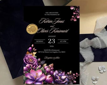 Pink Floral Wedding Invitation, Black Elegant Canva Template, Moody Romantic Mauve and Purple Wedding Invite, Editable Wedding Card, Fuchsia