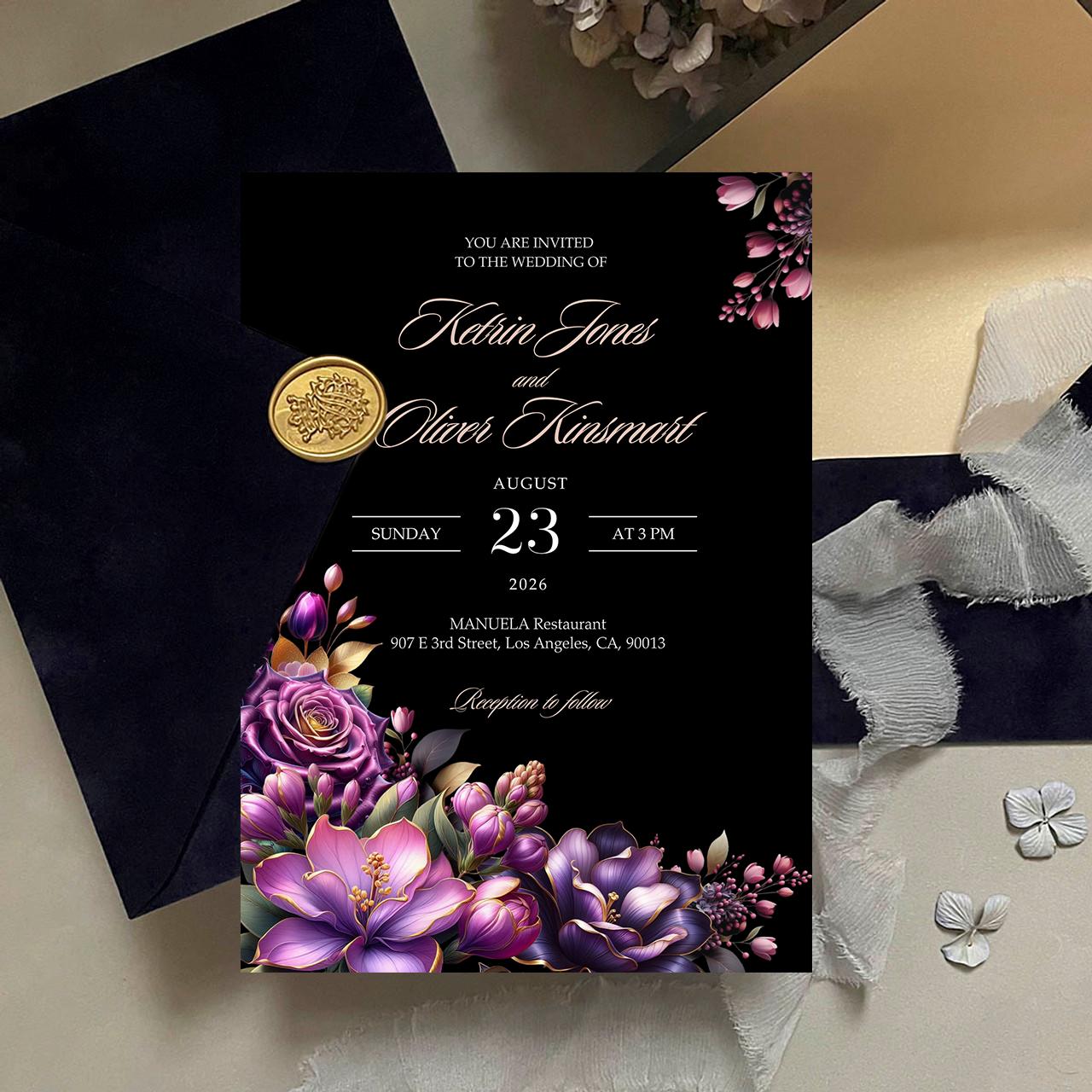 Pink Floral Wedding Invitation, Black Elegant Canva Template