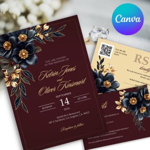 Elegante set di inviti per matrimonio in bordeaux e oro, invito per matrimonio rosso vino, biglietto di matrimonio floreale in oro, modello per matrimonio di lusso bordeaux, RSVP
