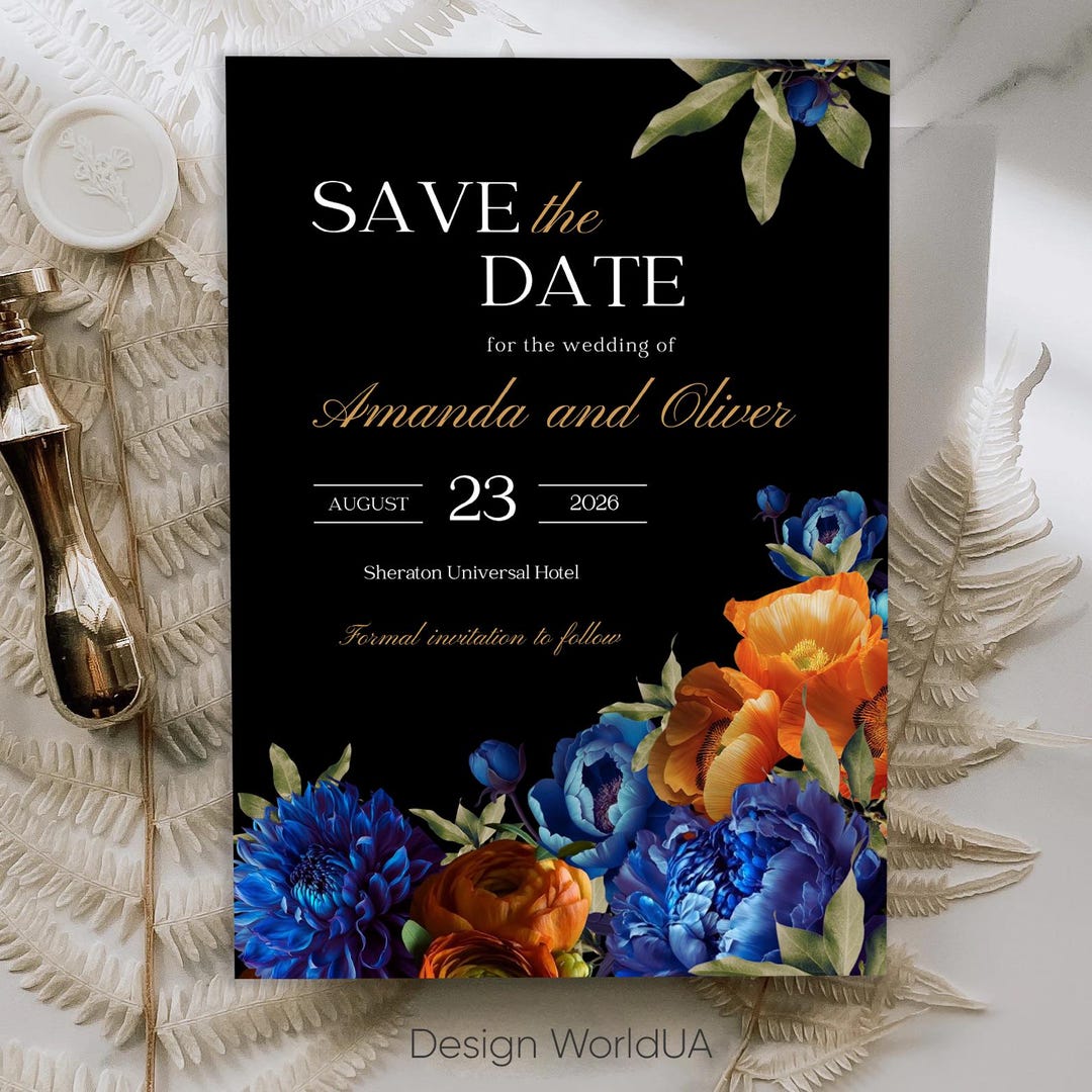 Royal Blue Burnt Orange Wedding Invite Moody Floral Wedding