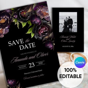 Purple Black Save the Date Moody Dark Wedding Invite Gothic Floral Wedding Invitation Goth Black Gothic Purple Wedding Invite Dark Romance