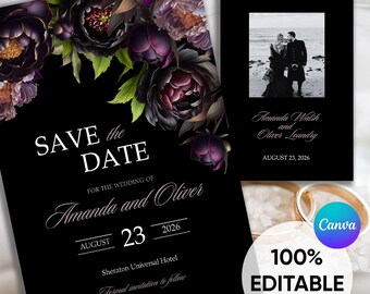 May include: Black and purple floral save the date card with a photo of a couple on a beach. The text reads "Save the Date" for the wedding of Amanda and Oliver on August 23, 2026. The card also includes the location of the wedding, Sheraton Universal Hotel, and the phrase "Formal invitation to follow."