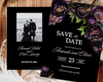 Gothic Purple Floral Wedding Save the Date Template (Digital Download)