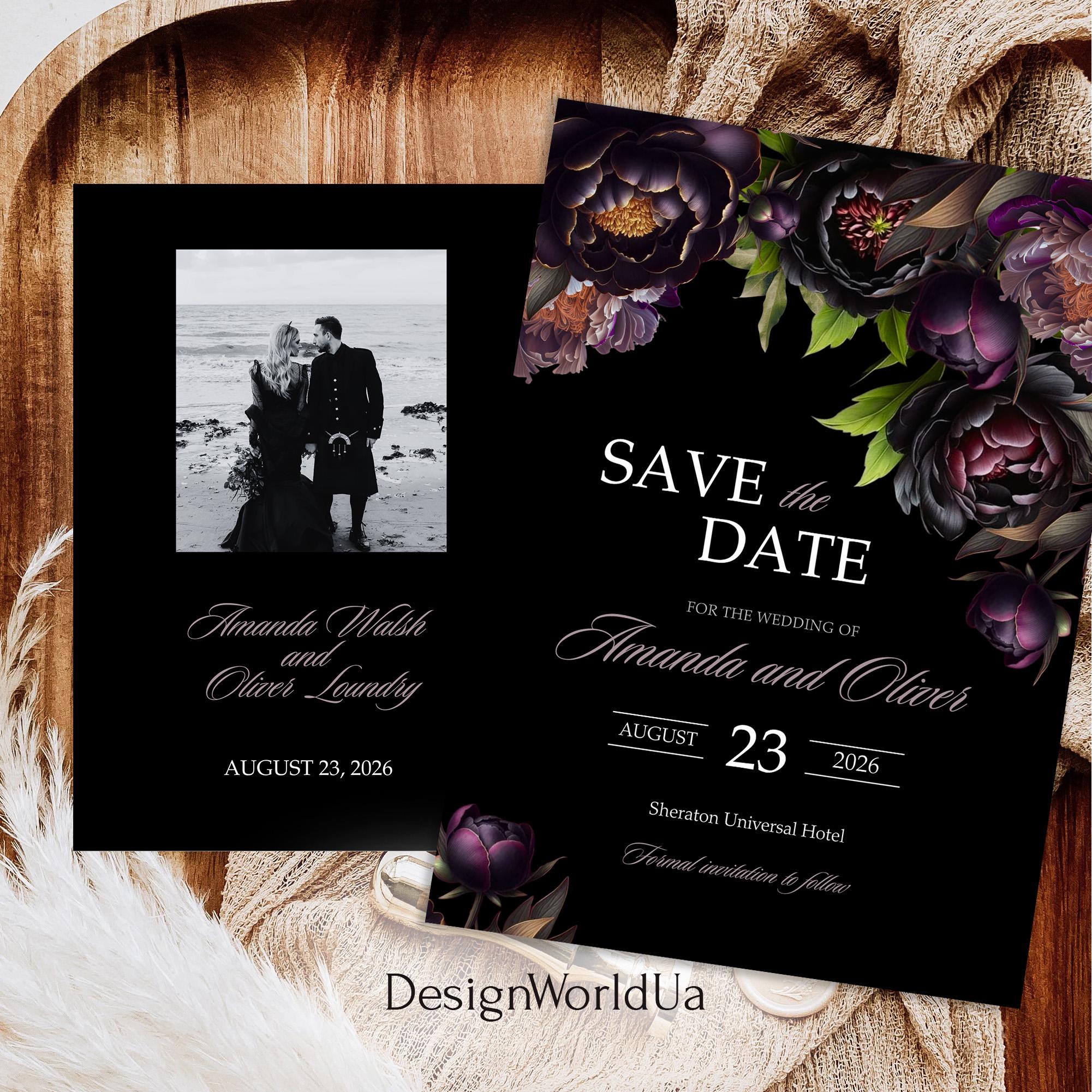 Gothic Purple Floral Wedding Save the Date Template (digital