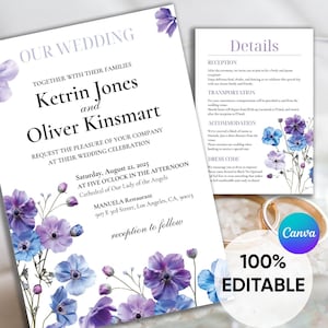 Purple Floral Wildflowers Wedding Invitation, Lilac Flowers Wedding, Lavender Floral Wedding Template, Wildflowers Invitation Template