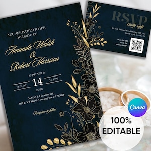 Navy Blue and Gold Wedding Invitation Template, Dark Blue Floral Elegant Invite, Navy Blue Floral Wedding Invites, Gold Wedding Invite