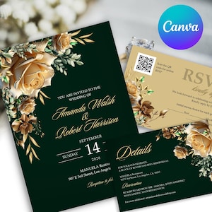 Smaragdgrün & Gold Hochzeitseinladungs-Set, Elfenbein Blumenhochzeitskarte, Elegante Dunkelgrüne und Elfenbein Hochzeitskarte, Eukalyptus Rosen
