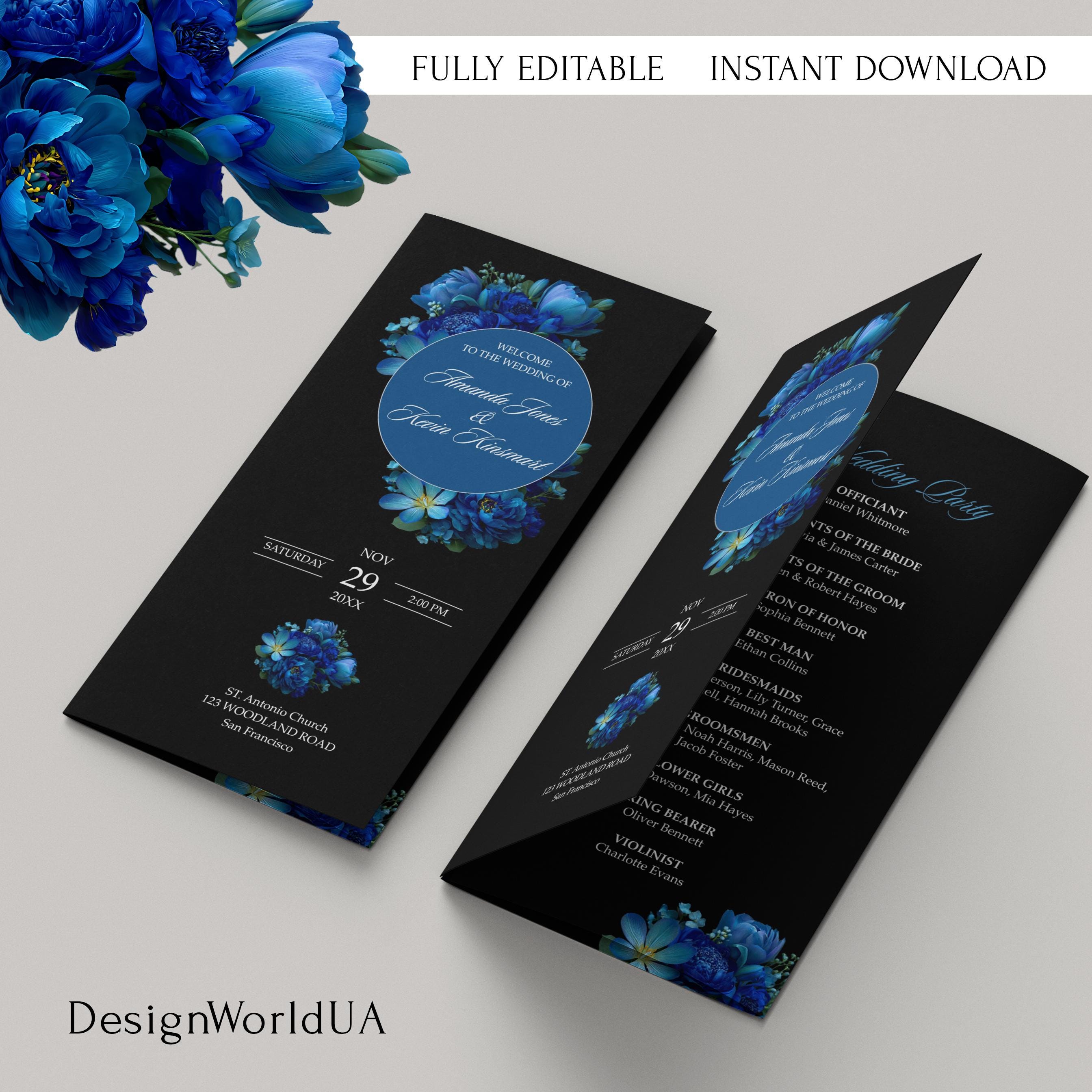 Royal Blue Wedding Program Template, Editable Canva Trifold Wedding ...
