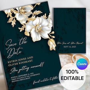 Dark Teal & Gold Wedding Save the Date, Gold Floral Invite, Teal Elegant White Flower, Gold and White Flowers, Botanical Dark Teal Invites