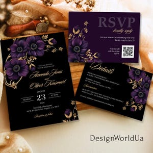 Black Purple Wedding Invitation Set, Moody Dark Purple Wedding Invite, Elegant Purple Floral Wedding, Deep Purple Gothic Wedding Invite
