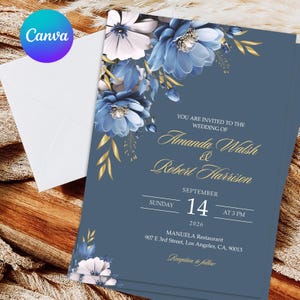 Dusty Blue & Gold Wedding Invitation, Pale Blue Flowers Invite, Gold Foil Leaves, Calligraphy, Blue and White RSVP, Editable Wedding Invite