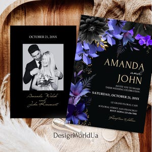 Dark Purple and Gold Wedding Invitation, Moody Black Wedding Invite, Elegant Purple Floral Wedding, Deep Purple Black Gothic Wedding Invite