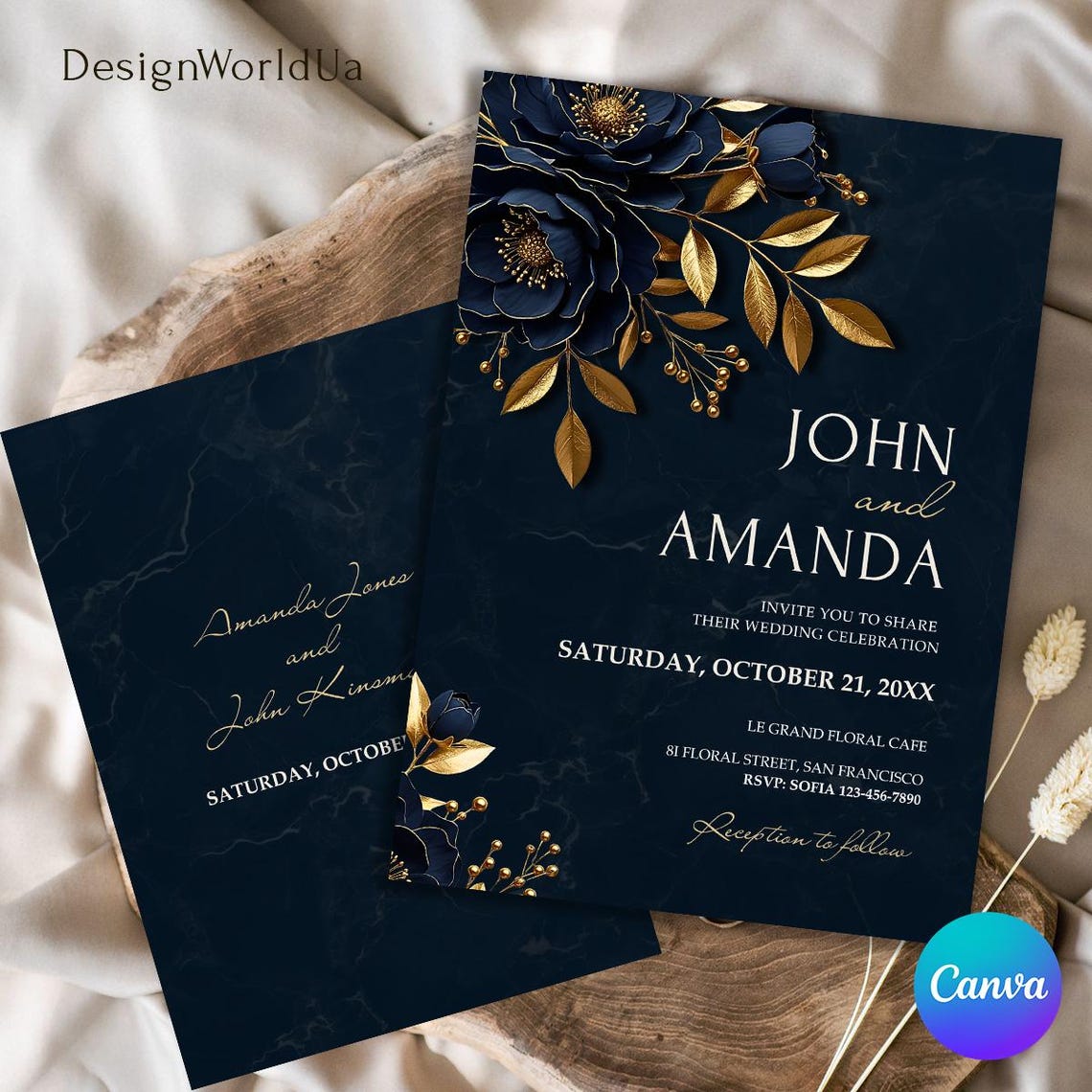 Navy Blue Gold Wedding Invitation Set, Elegant Gold Floral Wedding ...