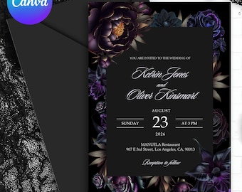 Dark Purple Floral Wedding Invitation, Editable Gothic Wedding Invite, Moody Black Flower Canva Template, Elegant Printable Invitation