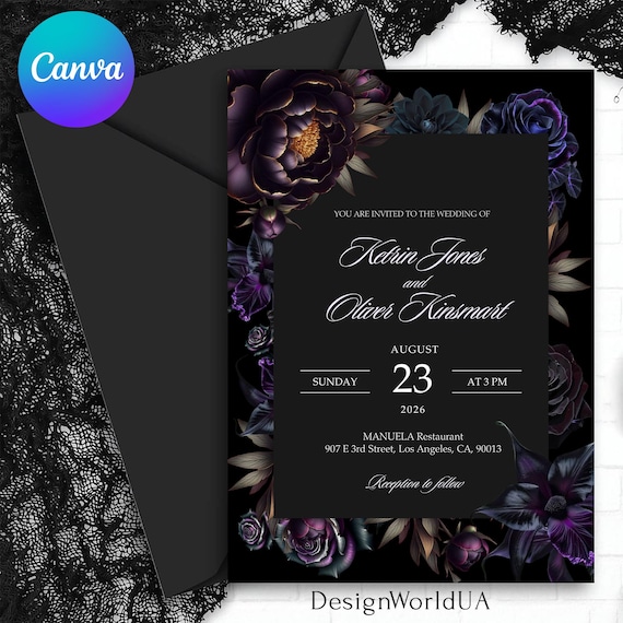 Dark Wedding Invitation, Editable Gothic Wedding Invite, Moody