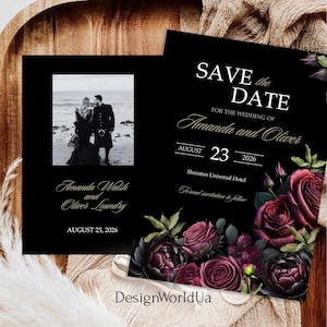 Burgund & Schwarz Save the Date, Stimmungsvoll Dunkle Hochzeit Einladen, Elegante Blumenhochzeits-Einladung, Gothic Schwarz Weinrot Hochzeit, Dark Romance
