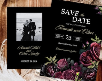 Salva la data in bordeaux e nero, invito di nozze dark e malinconico, invito di nozze floreale elegante, matrimonio gotico in rosso vino nero, romanticismo dark
