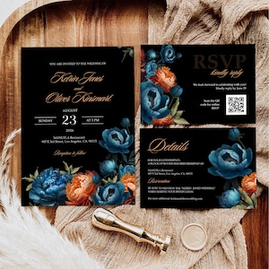 Petrol & Orange Hochzeitseinladungs-Set, dunkelromantische Blumenhochzeit einladen, stimmungsvolle schwarzblaue gebrannte Orangenhochzeitsdetails, Pfingstrosen-Blumenmuster