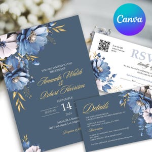Elegant Dusty Blue Gold Wedding Invitation Set, Blue Flowers Invite, Gold Foil Leaves, Calligraphy, Blue & White Luxury Wedding Invite, RSVP