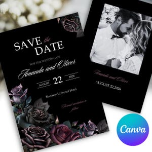 Gothic Dried Flowers, Dark Gothic Floral Save the Date Template, Moody Wedding Printable Chic Romantic Halloween Photo Wedding Dark Romance