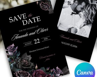 Gothic Save the Date Template, Editable Canva Wedding Announcement, Dark Floral Wedding Invite, Moody Romance Photo Card, Halloween Wedding