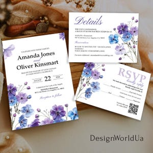 Conjunto de convites de casamento com flores silvestres roxas, elegante conjunto de casamento em lavanda e azul, modelo de flores lilases, cartão de confirmação de presença e detalhes