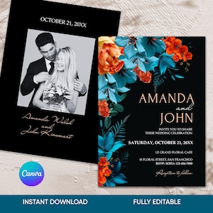 Moody Teal Orange Wedding Invitation, Burnt Orange Blue Invite, Fall Wedding, Teal Orange Wedding Invite Editable, Dark Teal Floral Wedding