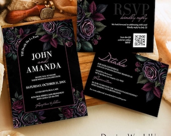 Gothic Wedding Invitation Template, Dark Black Wedding Invite Suite, Moody Romance Canva Design with RSVP Details Card, Halloween Wedding