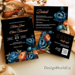 Petrol & Gebranntes Orange Hochzeitseinladungs-Set, dunkle Romantik Blumenhochzeit einladen, schwermütige schwarzblaue Orangenhochzeit, Pfingstrosen-Blumenmuster