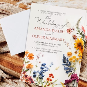 Wildflower Wedding Invitation Template, Pressed  Forest Flowers, Rustic Garden Party Canva Editable Invite Digital Download