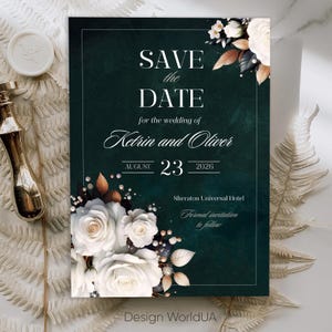 Dark Green & White Roses Save the Date, Emerald and Gold Floral Save the Date Green, Forest Green Elegant Wedding, Luxury Green Wedding Card