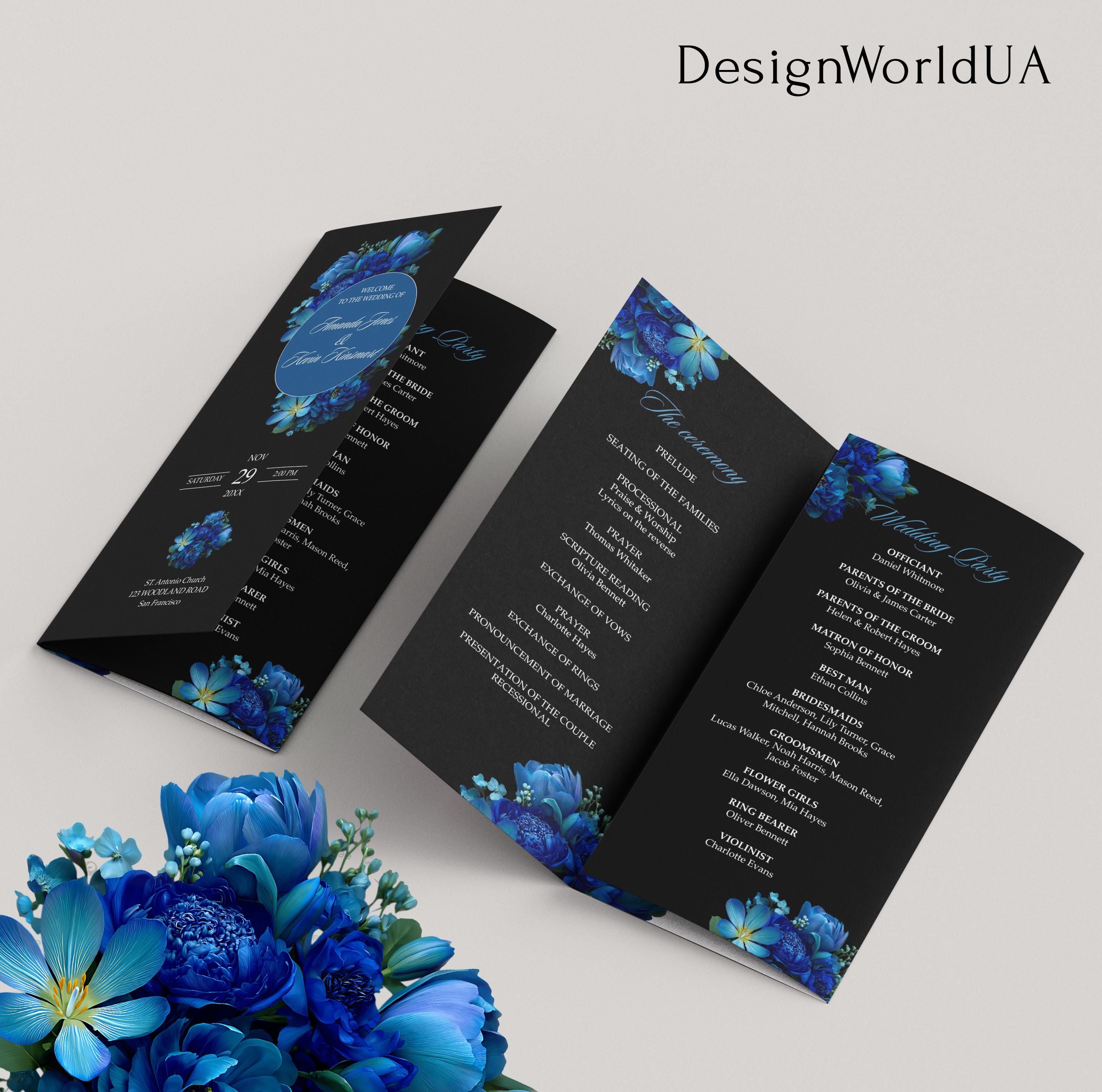 Royal Blue Wedding Program Template, Editable Canva Trifold Wedding ...