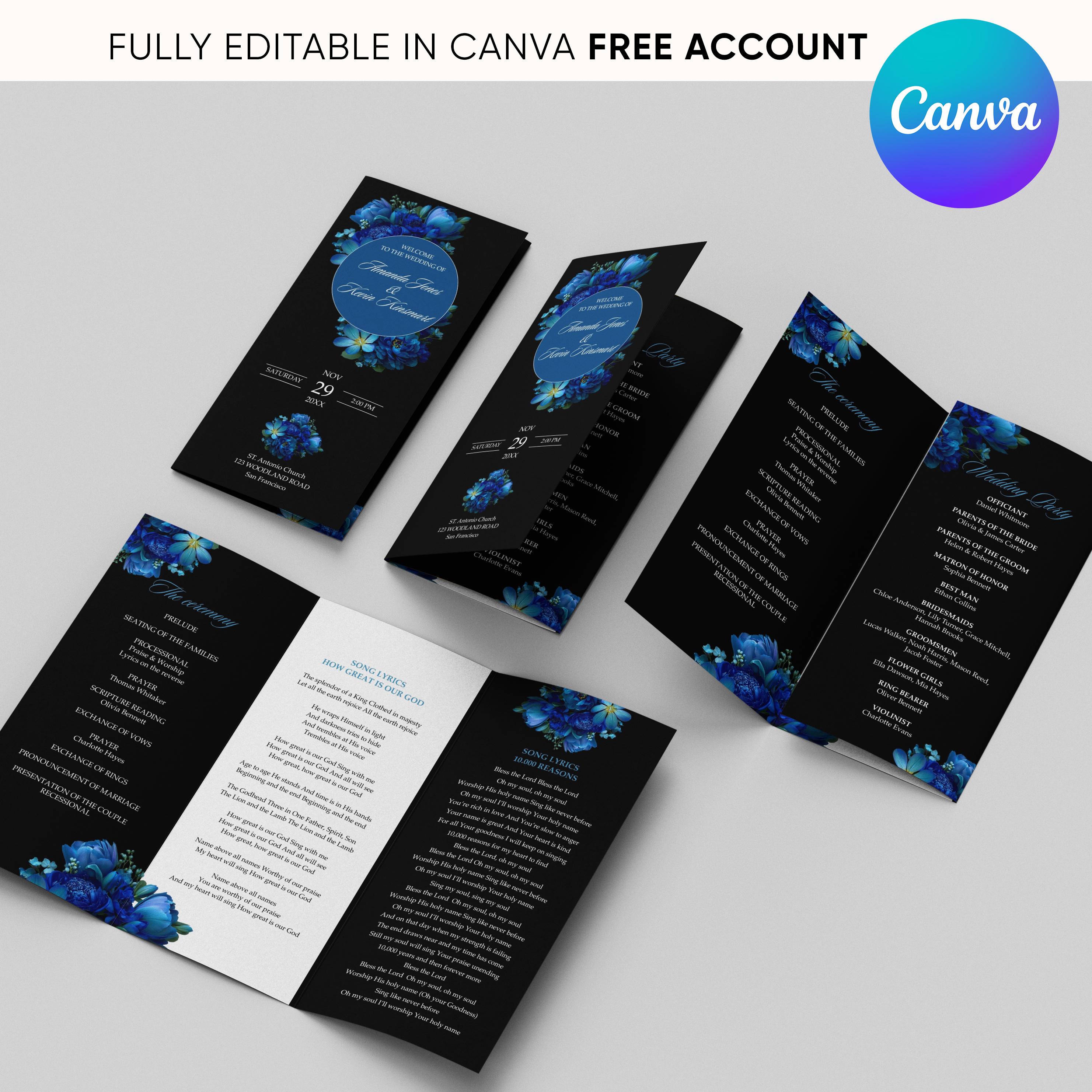 Royal Blue Wedding Program Template, Editable Canva Trifold Wedding ...