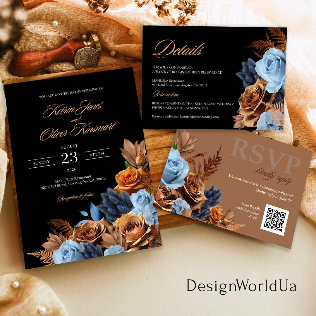 Rust & Dusty Blue Wedding Invitation SET Moody Terracotta Floral ...