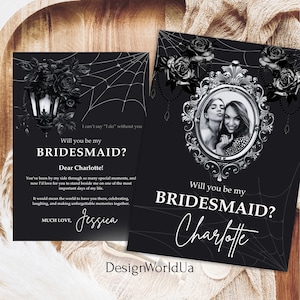 Modelo de proposta para madrinha de casamento gótica, convite para madrinha de casamento preto e sombrio, casamento assustador de Halloween, cartão para madrinha de casamento até a morte, casamento gótico sombrio