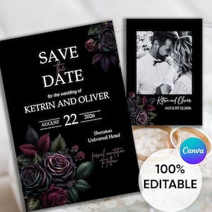 Moody Gothic Black Save the Date, Dark Floral Wedding Invitation, Spooky Goth Wedding Template, Halloween Wedding Invite, Dark Romance Theme