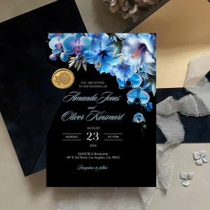 Blue Flowers Wedding Invitation Template, Moody Dusty Blue Floral Wedding, Black Background Orchid Design, Royal Blue Wedding Invite