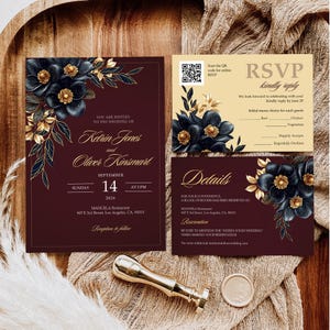 バーガンディゴールドブラックウェディング招待状セット、エレガントなワインレッドウェディング招待状、ゴールドフローラルウェディングカード、豪華なウェディングテンプレート