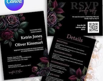 Invitación de boda con diseño floral gótico oscuro y melancólico, invitación de boda gótica negra, invitación de boda con rosas en burdeos intenso, detalles de boda, RSVP