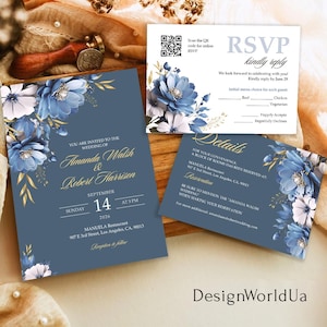 Dusty Blue & Gold Wedding Invitation Set, Blue Flowers Invite, Gold Foil Leaves, Calligraphy, Blue and White RSVP, Editable Wedding Invite
