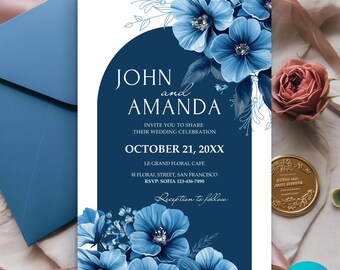 Aquamarine Teal Floral Wedding Invitation Template, Editable Canva Invite, Modern Blue Flowers Wedding Card, Instant Download
