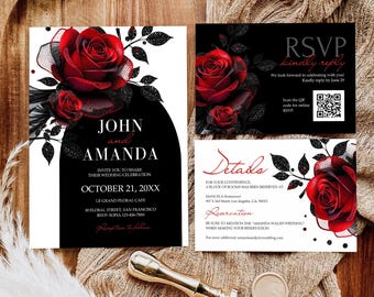Zestaw zaproszeń ślubnych w stylu gotyckim z czerwonymi różami, eleganckie czarno-czerwone zaproszenie ślubne, gotyckie kwiatowe detale ślubne, edytowalne RSVP