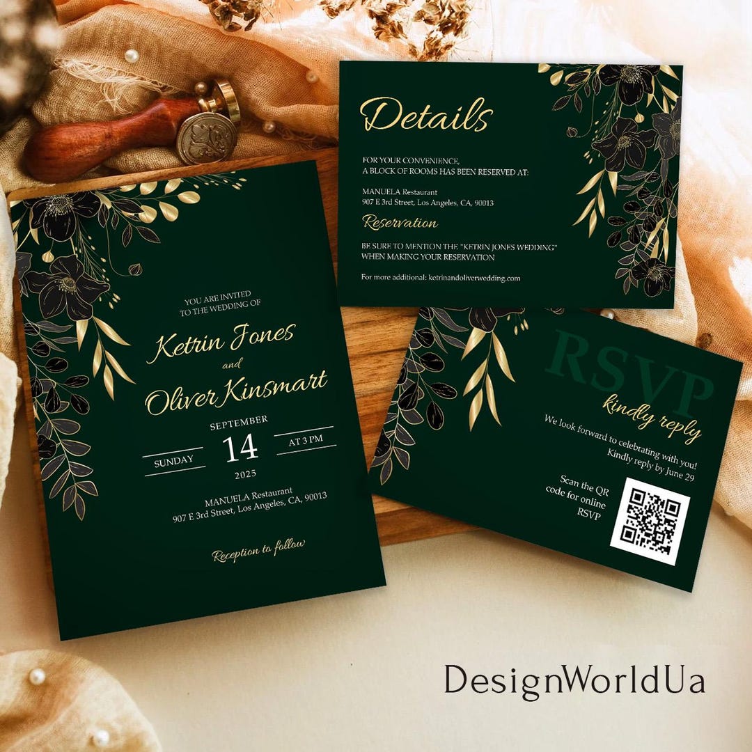 Emerald Green and Gold Foil Wedding Invitation Set: Elegant Botanical ...