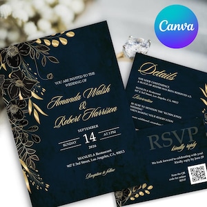 Navy Blue and Gold Wedding Invitation Template, Dark Blue Floral Elegant Invite, Navy Blue Floral Wedding Invites, Gold Wedding Invite